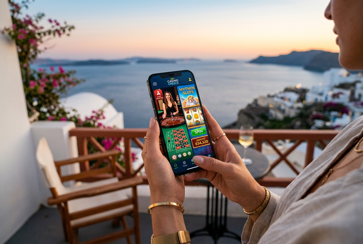 A person using a high-end smartphone to access a modern online casino platform in a luxury setting.